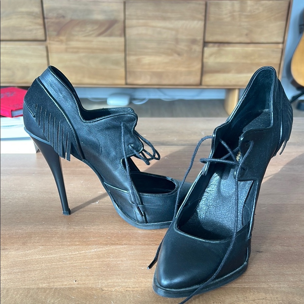 Black Stiletto Heels with Peep-Toe and Lace-Up Design
